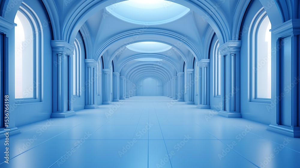 Obraz premium 3D corridor with columns in a modern architectural interior, Blue stone arches and columns in a gothic architectural style, Empty underground hallway with doors and lights in a modern building.