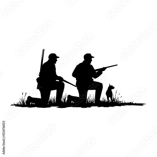 Minimalist Black Silhouette of Hunter with Dog on White Background.