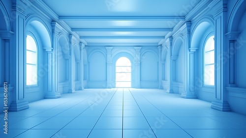 3D corridor with columns in a modern architectural interior, Blue stone arches and columns in a gothic architectural style,
Empty underground hallway with doors and lights in a modern building.