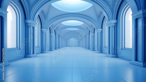 3D corridor with columns in a modern architectural interior, Blue stone arches and columns in a gothic architectural style,
Empty underground hallway with doors and lights in a modern building.