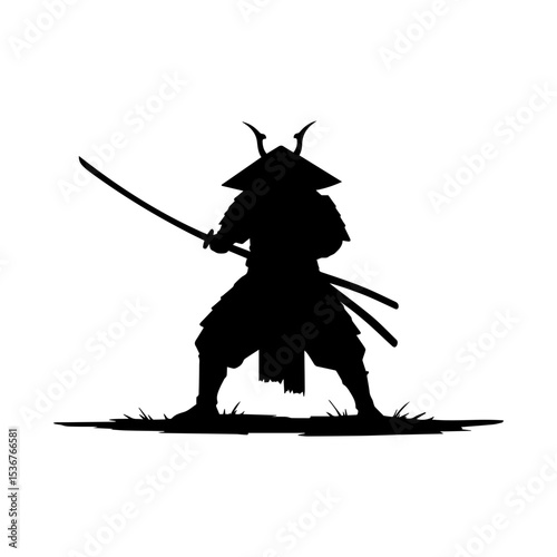 Minimalist Black Silhouette of  Warriors Sword Fighting with Hats.