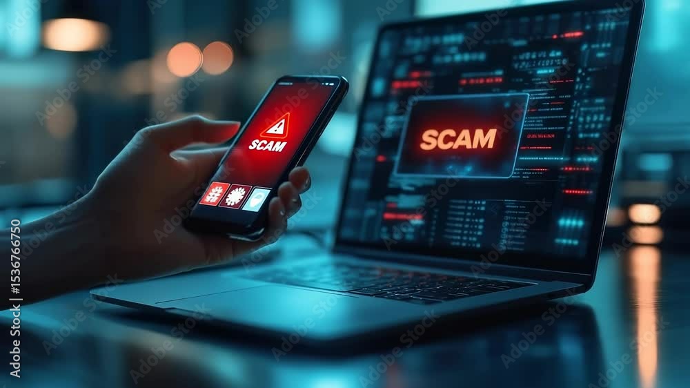Digital scam notice: phishing threat, vishing attack, smishing fraud ...