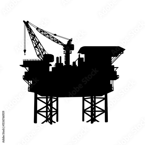 Minimalist Black Silhouette of Oil Rig on White Background.