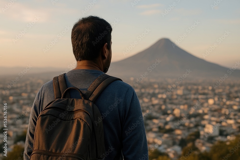 Fototapeta premium Traveler admiring distant volcano.