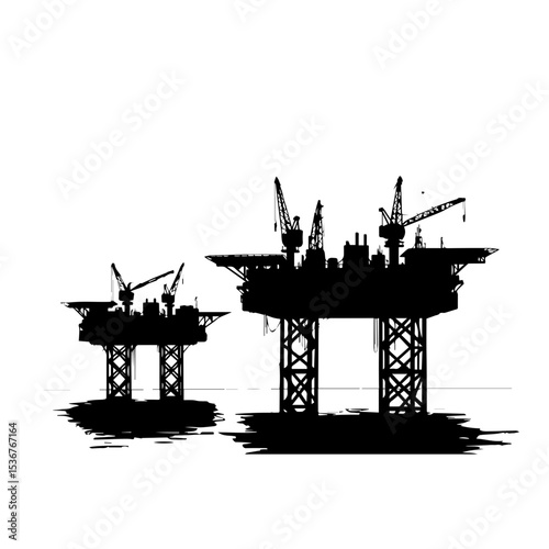 Minimalist Black Silhouette of Oil Rig on White Background.