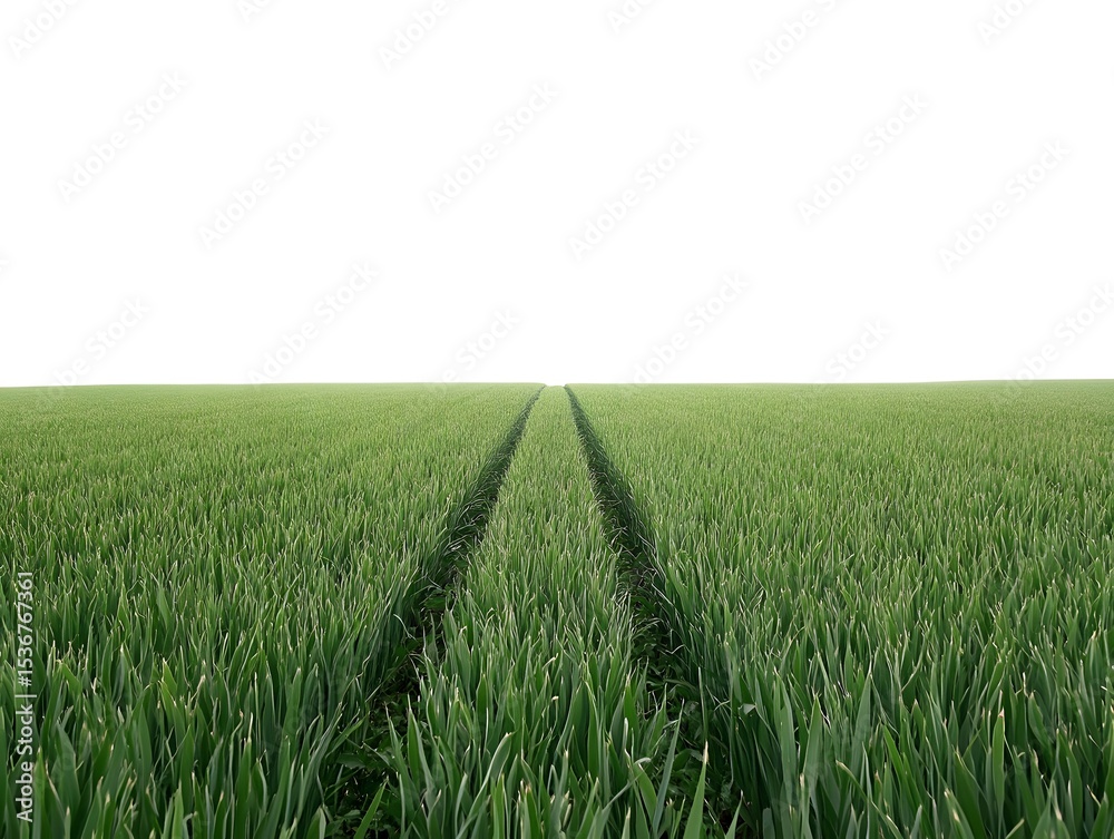 Fototapeta premium Vast Green Field with Tractor Tracks, Agricultural Landscape, Nature Photography