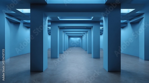 3D corridor with columns in a modern architectural interior, Blue stone arches and columns in a gothic architectural style,
Empty underground hallway with doors and lights in a modern building.