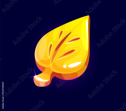 Cartoon golden plant leaf icon or arcade game asset. Casino slot machine symbol, computer or mobile game application isolated vector icon. Shiny golden leaf jewelry or app user interface symbol