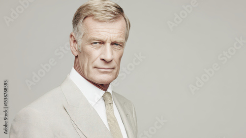 portrait of diplomat in light gray suit positioned on left side of frame with neutral expression
