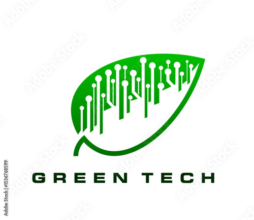 Green tech icon, smart digital farm and eco green energy technology. Renewable energy innovation, biotechnology and eco agriculture tech startup icon or symbol with green leaf, computer circle trace