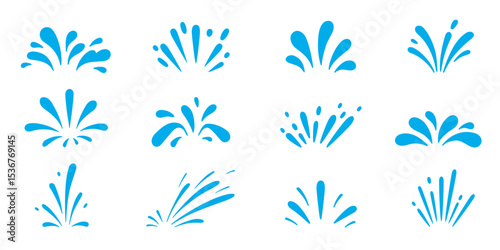 Water splash burst vector set depicts fluid dynamic splashing, droplets and ripples in motion. Isolated blue liquid splatters, aqua or water splashes and swirls for animation and visual effects