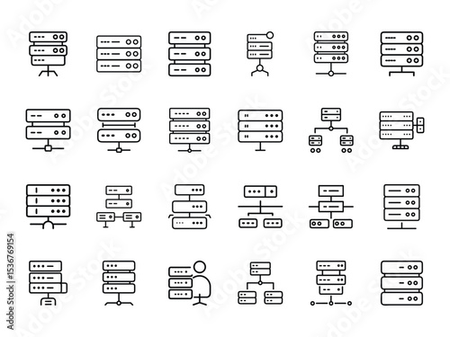 Collection of Server Icon Silhouettes in Minimal Line Style on White Background – Database, Hosting, Network, and IT Infrastructure Vector Bundle