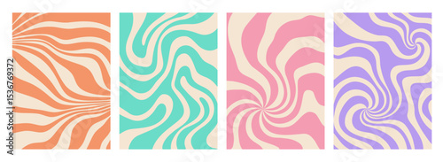 Psychedelic twisted groovy hippie patterns. Vector set of abstract vibrant wavy and distorted optical illusions in retro color palettes. Warped striped and checkered backgrounds for vintage posters