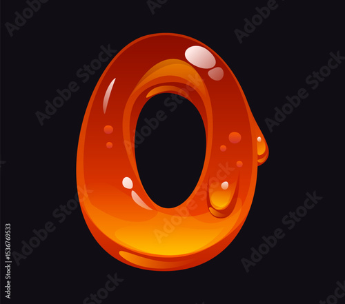Tasty honey cartoon font digit 0 zero. Sweet candy ABC typeface digit, amber vector alphabet type figure. Caramel cartoon math font numeral symbol or liquid honey mathematics typeface number