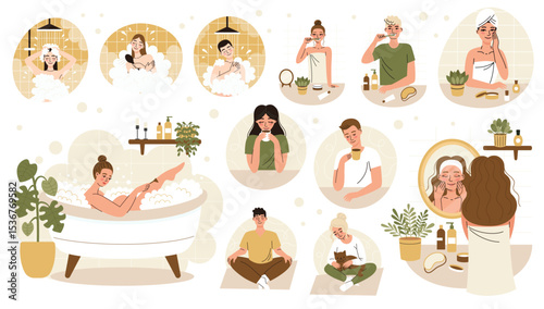 Morning routine set.People brush their teeth, take a shower and bath, drink coffee, do yoga. Flat cartoon vector illustration.