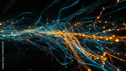 Nature conservation concept. Glowing blue and orange lines intertwine on a dark background, resembling neural pathways or abstract energy streams. Selective focus.