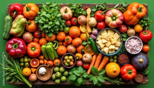 Colorful Arrangement of Fresh Vegetables and Fruits Displayed on a Wooden Table Top