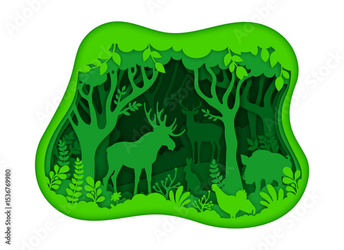 Paper cut green forest with animals and trees silhouettes, vector environment and ecology, save nature eco concept. 3d origami art craft with paper cut silhouettes of green forest, deer, elk and boar