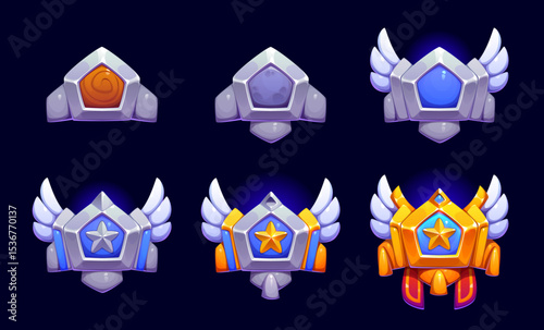 Rating star game rank badges, level progress stages set, vector game UI. Cartoon rank badges with gold and silver stars, wood, rock, metal and gem shields, wings and ribbons. Level progress medals