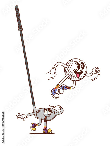 Golf sport club and ball groovy funny character. Sport tournament hippie groovy isolated vector mascot, golf club competition cute funky cartoon personage. Sport game championship cheerful character