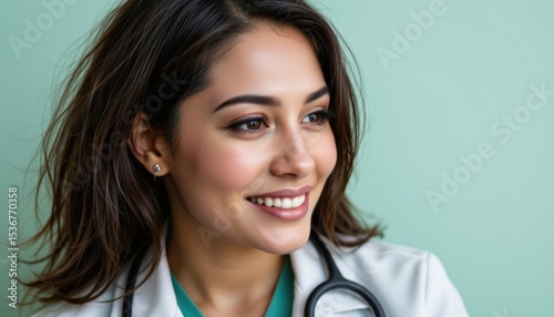 Portrait of a Smiling Female Doctor in Professional Attire with Stethoscope Against a Green Background