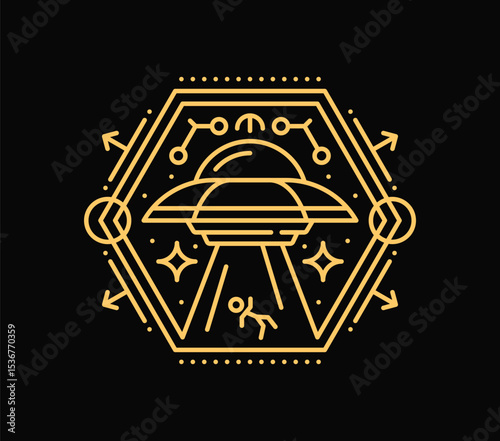 Celestial Y2K esoteric UFO saucer kidnapping human symbol or tattoo. Yellow mystic Y2K vector symbol, golden celestial Boho tattoo. Linear fantasy magic print or alien spaceship esoteric sign