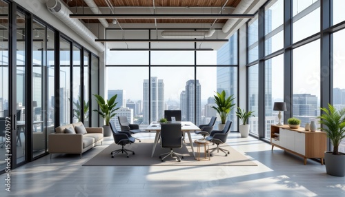 Modern Open Office Space with City View and Abundant Natural Light in a High-Rise Building