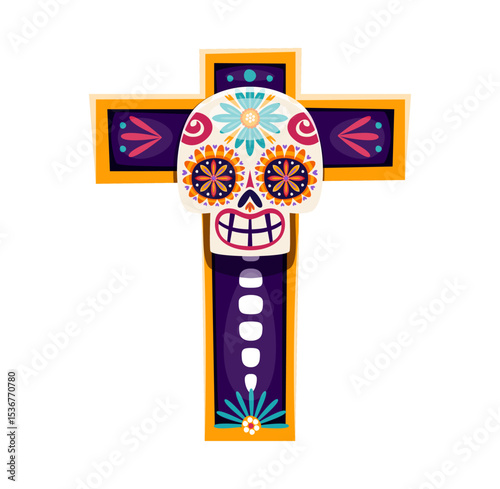 Day of the Dead font cross and sugar skull letter T. Latin America Day of the Dead festival typeset vector symbol, ritual carnival type element. Mexican death holiday latin font sign or letter