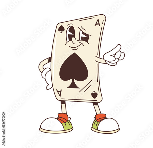 Groovy casino Ace of Spades character. Vegas casino Black Jack or poker card, gambling luck and money bet game vector funky personage. Ace of Spades playing card groovy character pointing finger