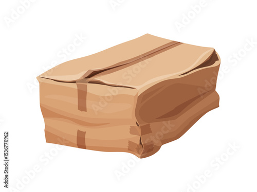 Deformed broken, damaged and crumpled cardboard box package, vector delivery parcel. Crushed or ripped cargo box with torn and crumpled sides by transportation for damaged delivery carton box icon