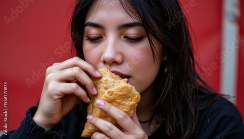 Young Woman Enjoying Warm Snack While Taking a Bite in an Urban Setting with Vibrant Background
