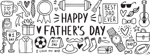 father’s day doodle vector, hand drawn typography set, happy dad celebration sketch, black and white greeting illustration, love papa icons

