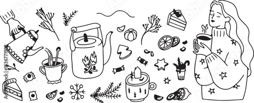 tea cup doodle vector, hand drawn leaf and herbs sketch, black and white teapot illustration, warm drink elements, minimal beverage design

