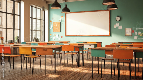 A brightly lit classroom, filled with colorful desks and chairs, ready for learning.