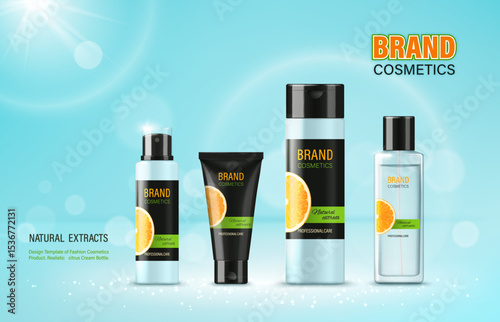 Cosmetic products mockup. 3d Vector ad presentation of citrus cosmetics production on tropical background with palm leaves. Professional natural care branding emphasizes quality skincare and freshness