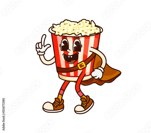 Groovy popcorn pirate or corsair with funny face, cartoon vector fast food character. Groovy popcorn bucket snack as Caribbean corsair with funky smile in pirate mantle as sailor skipper or corsair