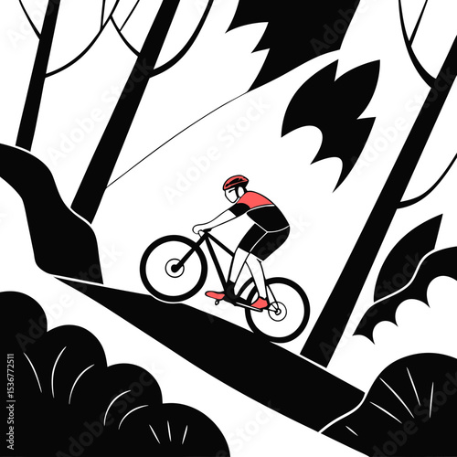 Cyclist racing downhill on rugged trail