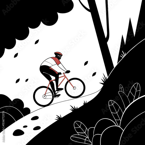 Cyclist racing downhill on rugged trail