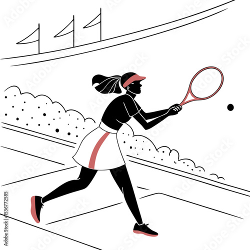 Female tennis player hitting backhand on clay court