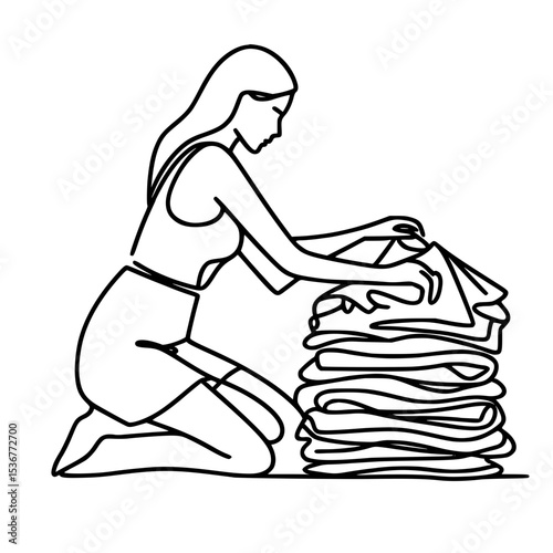 Woman folding clothes while kneeling next to a stack on the floor - Concept of single line outline vector  