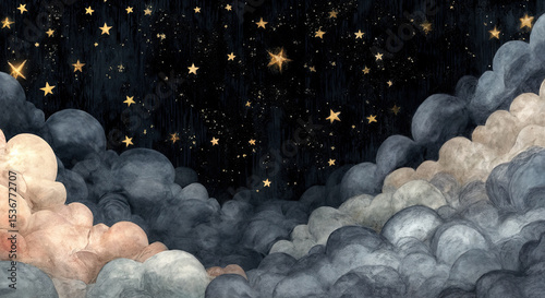 A night sky, dotted with golden stars, rests above a landscape of soft, muted clouds.