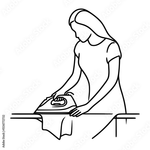 Woman ironing clothes with steam iron on an ironing board - Concept of single line outline vector  