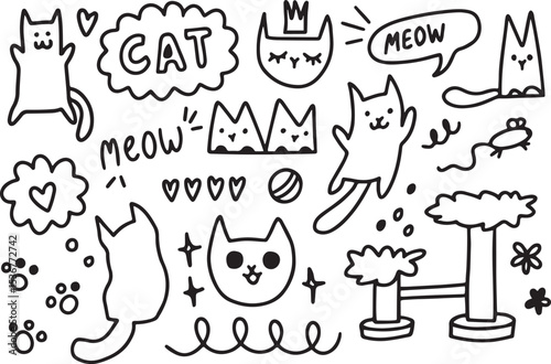 cute cat doodle vector, hand drawn kitten meow icons, black and white pet illustration, cartoon feline elements, animal sketch design

