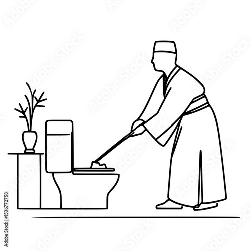 Person cleaning toilet with mop in bathroom in minimalistic style  
