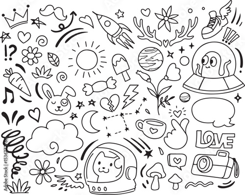 weather nature doodle vector, hand drawn clouds rain sun sketch, black and white elements, climate symbols illustration, sky pattern design

