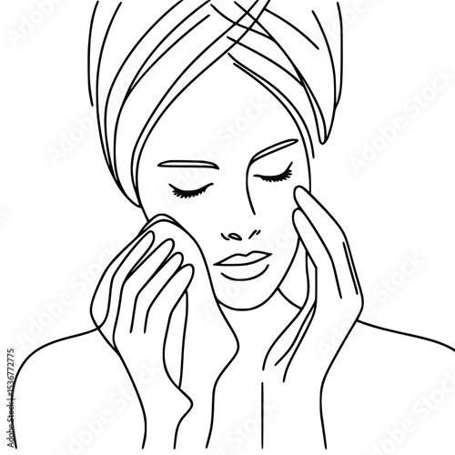Woman cleansing her face with a towel in a minimalist line style concept of single line outline vector  