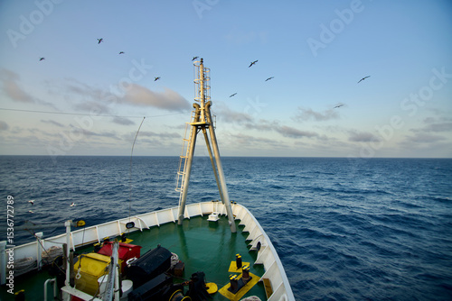 Bow of a cable ship at sea