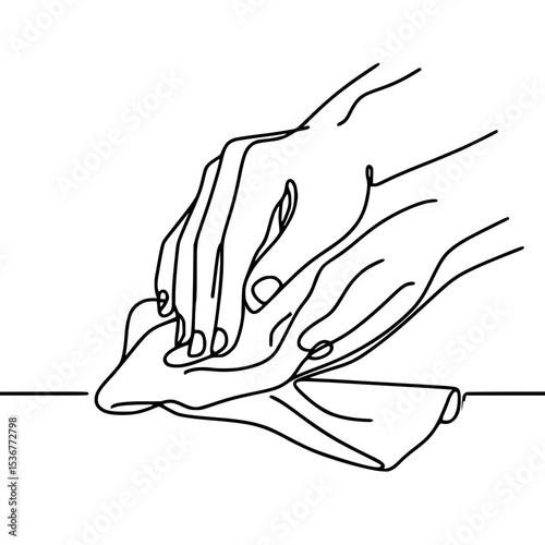 Two hands wiping a surface with a cloth in a minimalist style - Concept of single line outline vector  
