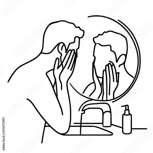 Man washing face in front of mirror with skincare products visible - Concept of single line outline vector  