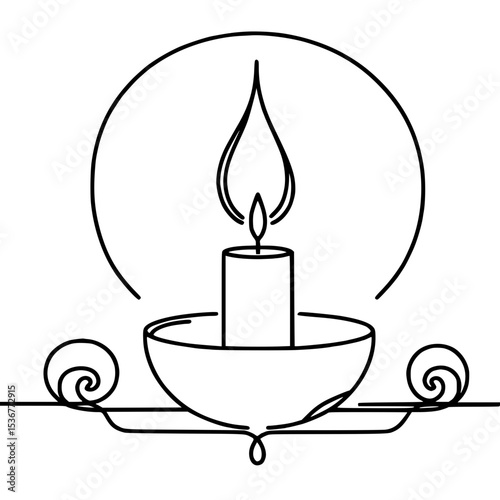 Candle in holder with flame in simple line outline vector design  